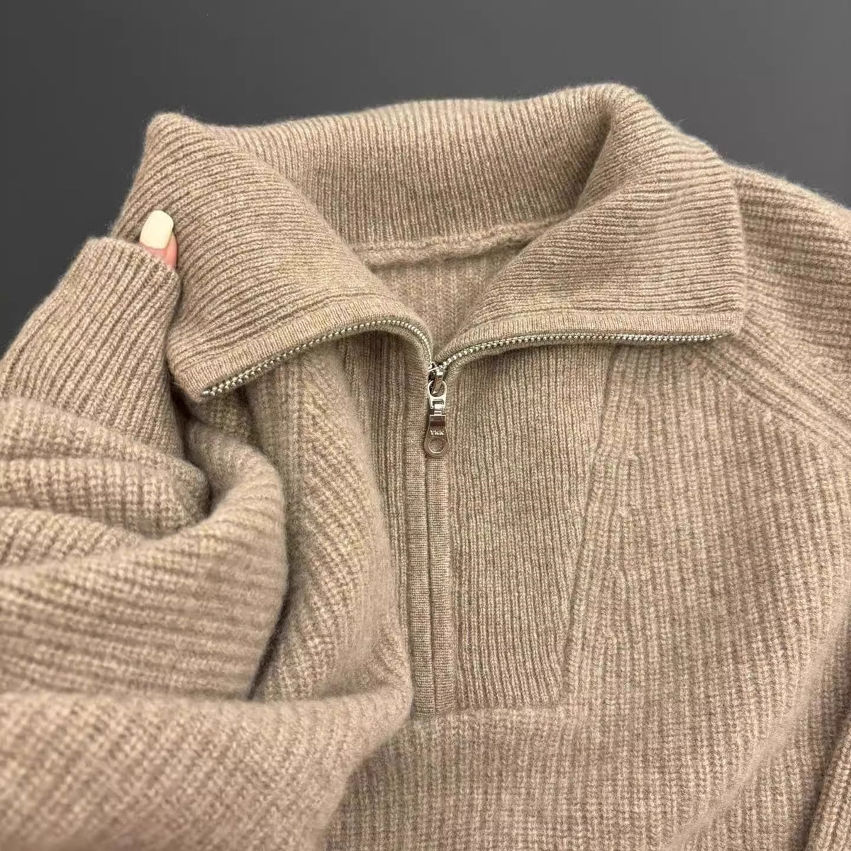 Raccoon Fur High Neck Semi-zip Pullover Sweater Women
