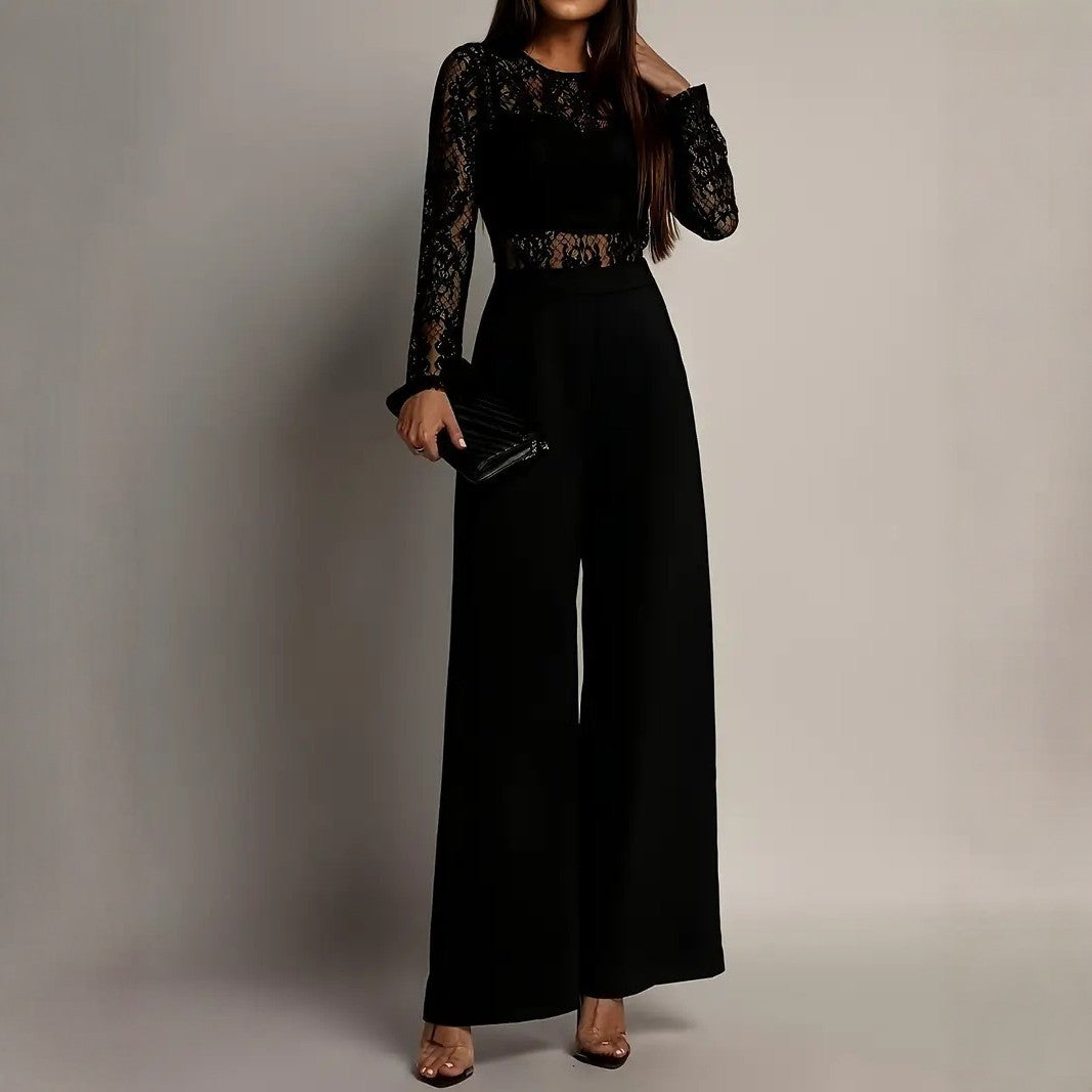 Womens Lace-Panel Long-Sleeve Wide-Leg Jumpsuit