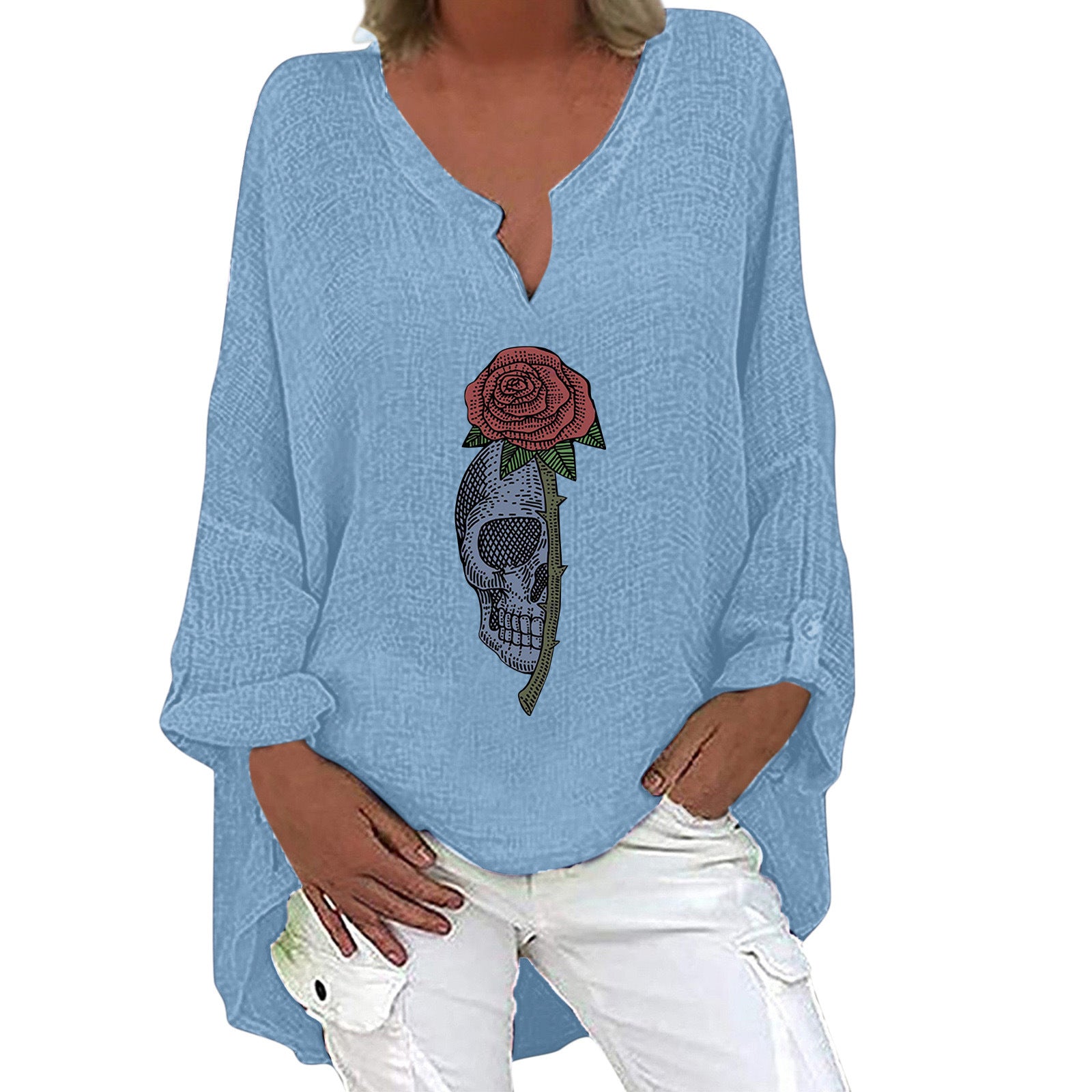 Halloween V-Neck Cotton Linen Long Sleeve Shirt