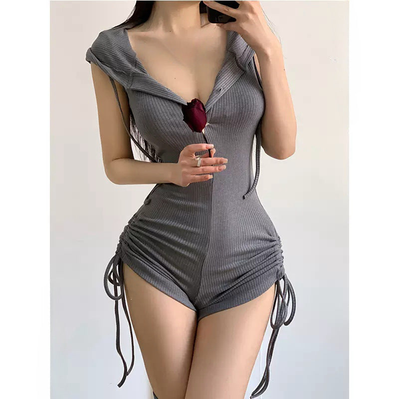 Hooded Backless Fitness Romper Shorts