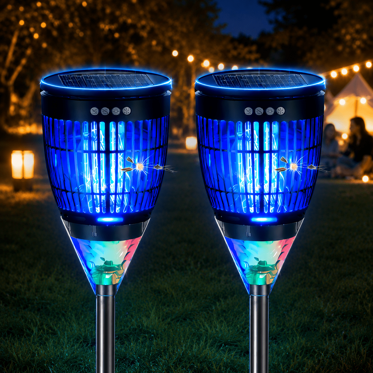 Solar-Powered Bug Zapper 4200V with Flame Mode, Projection Light, Auto On/Off, USB Rechargeable, IPX4 Waterproof