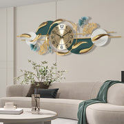 40" Large Modern Metal Wall Clock with 3D Swimming Fish & Ginkgo Leaf Design – Silent No-Tick Decorative Clock for Living Room, Kitchen, or Office – Teal & Golden Abstract Art, Horizontal Display
