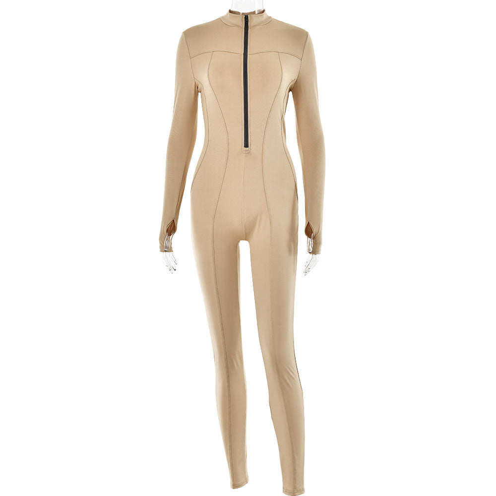 Women's Long-Sleeve Zip-Up High-Waist Jumpsuit
