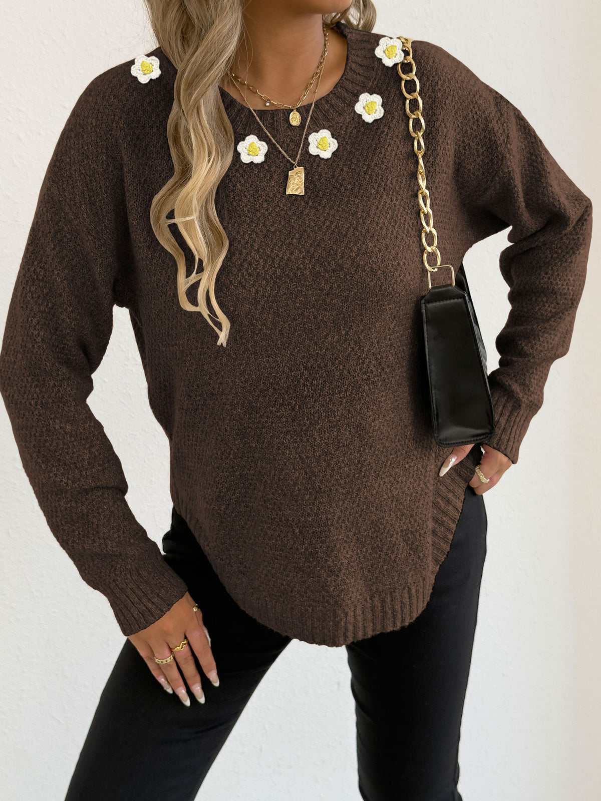 Women's Crochet Patchwork Round Neck Comfort and Casual Sweater