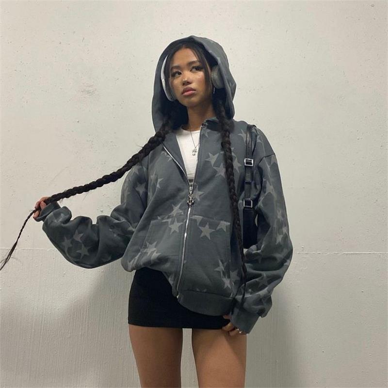 Stars Print Zipper Hooded Cardigan Couple Streetwear Coat