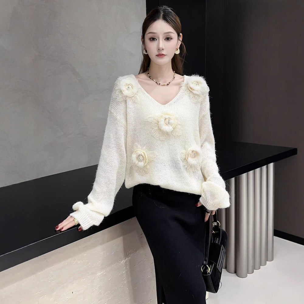 Gentle Style 3d Floral V-neck Sweet Age-reducing Sweater