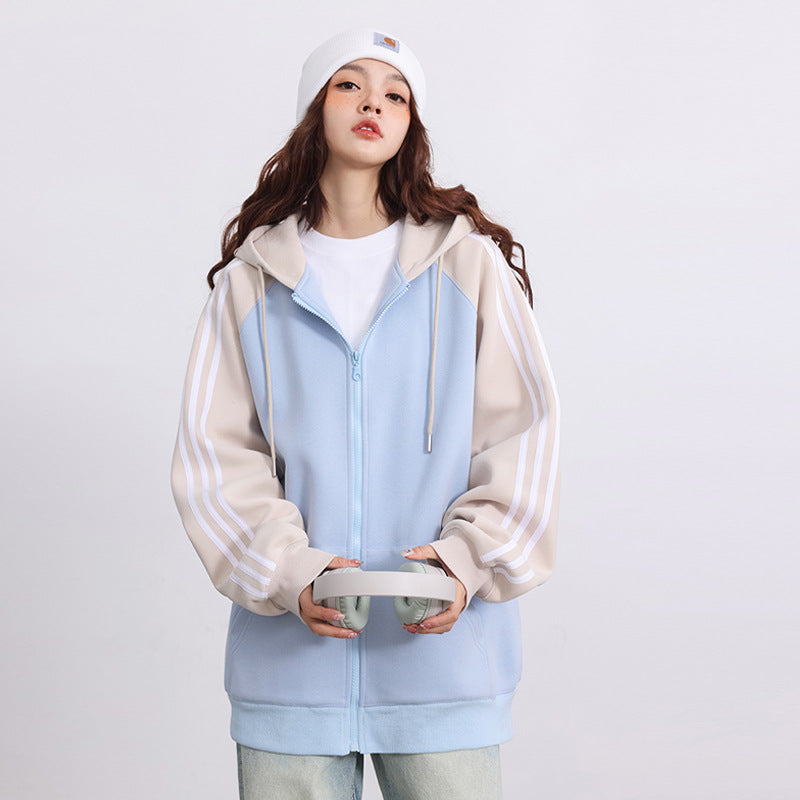 Retro Contrast Color Hooded Zip Sweatshirt