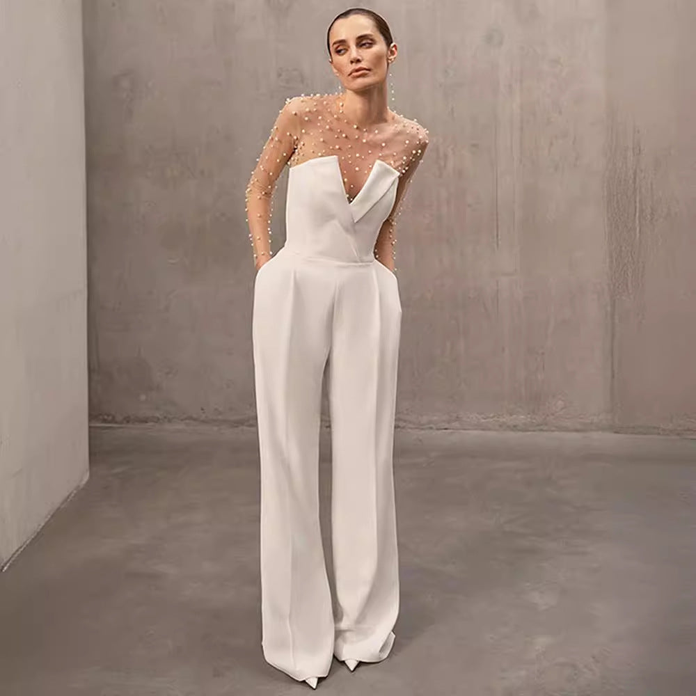 Chic Sheer Foam Mesh Long Sleeve Casual Jumpsuit