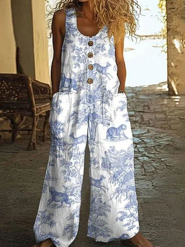 Women's Floral Sleeveless Pocket Jumpsuit