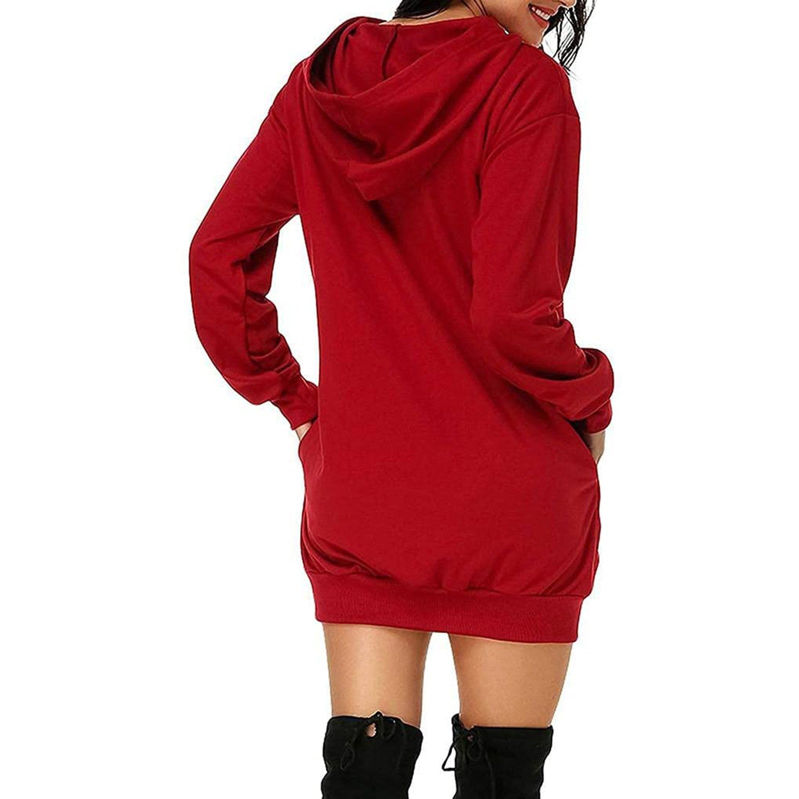 Women's Printed Mid-length Pocket Hooded Long Sleeve Sweater