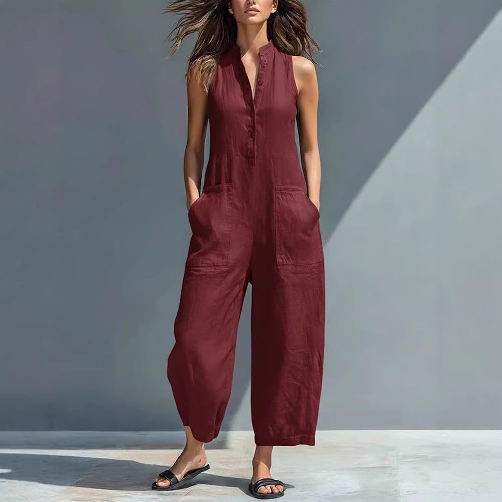Casual Womens Sleeveless Stand Neck Pocket Jumpsuit