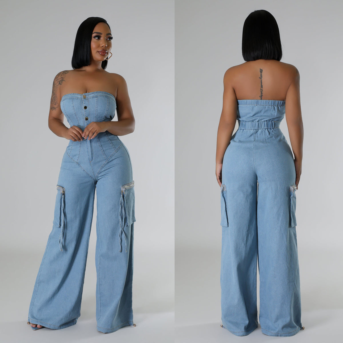 Women's Casual Off-Shoulder Slim-Fit Denim Jumpsuit Overalls