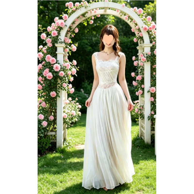 French-style White Lace-strapped Backless Slip Dress
