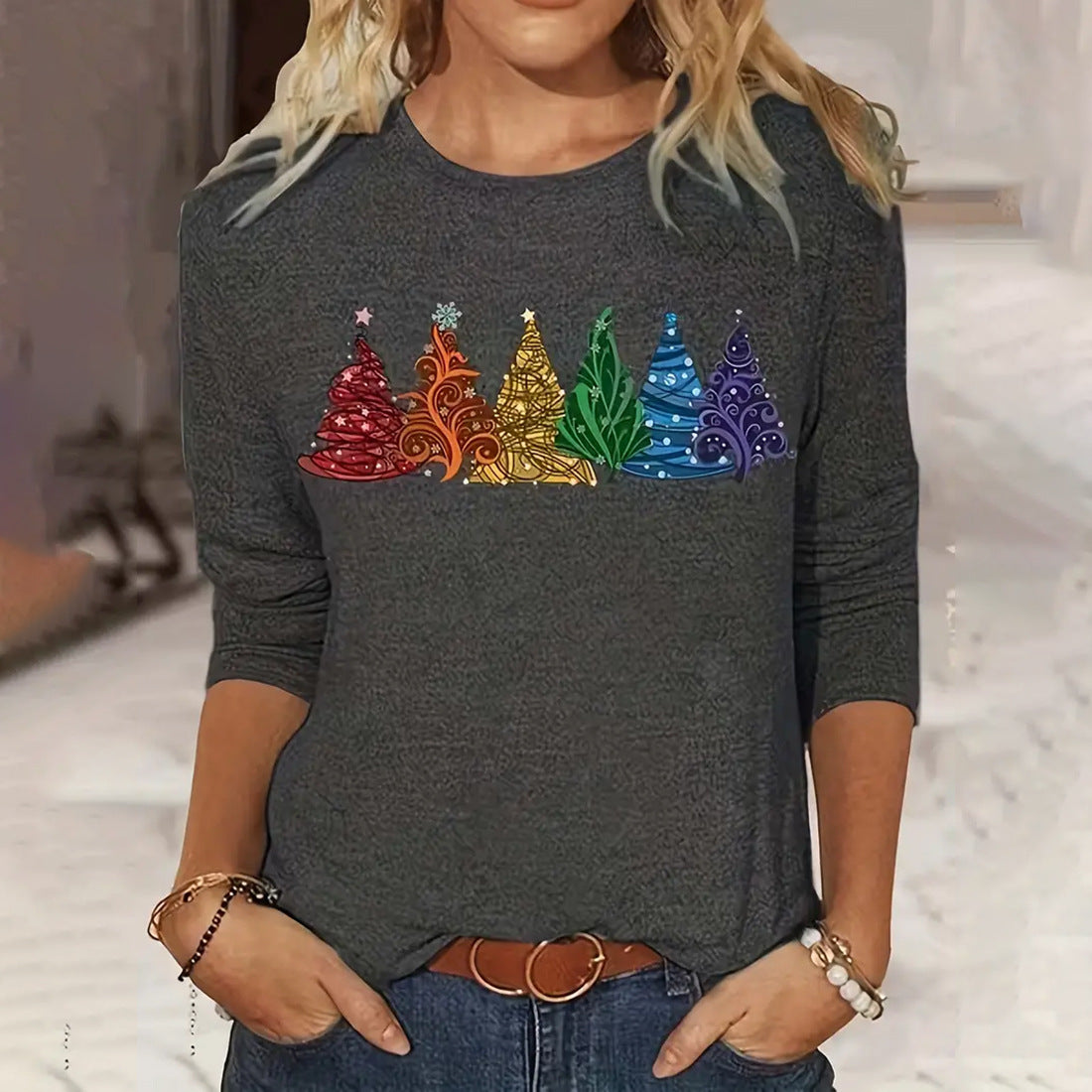 Festive Christmas Tree Print Long-Sleeve Casual Tee
