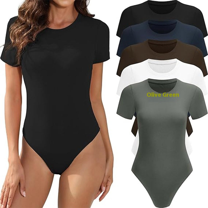 Women's Casual Stretch Crew Neck Basic One-Piece Bodysuit