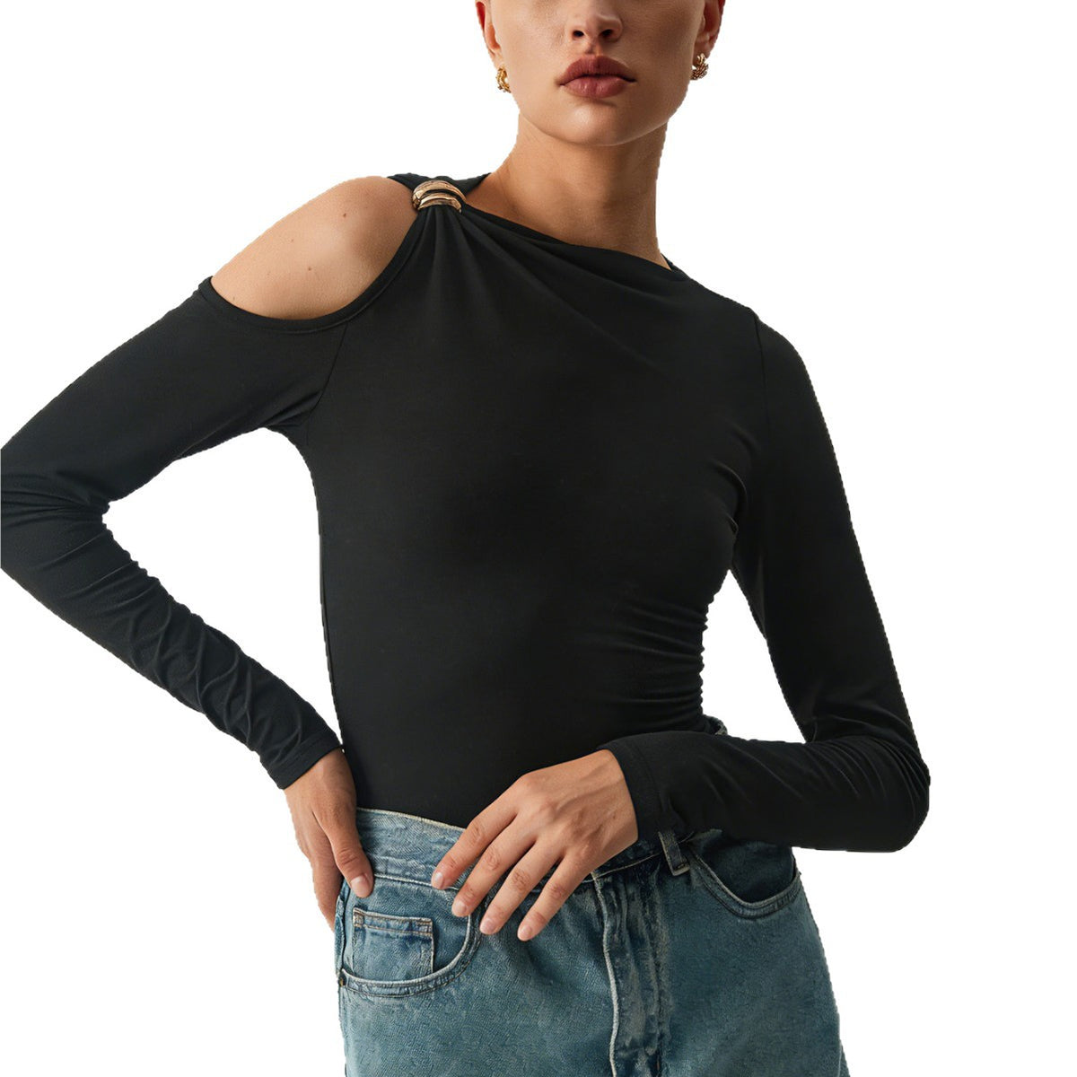 Women's High Neck Off Shoulder Knitted Slim Fit Long Sleeve Top