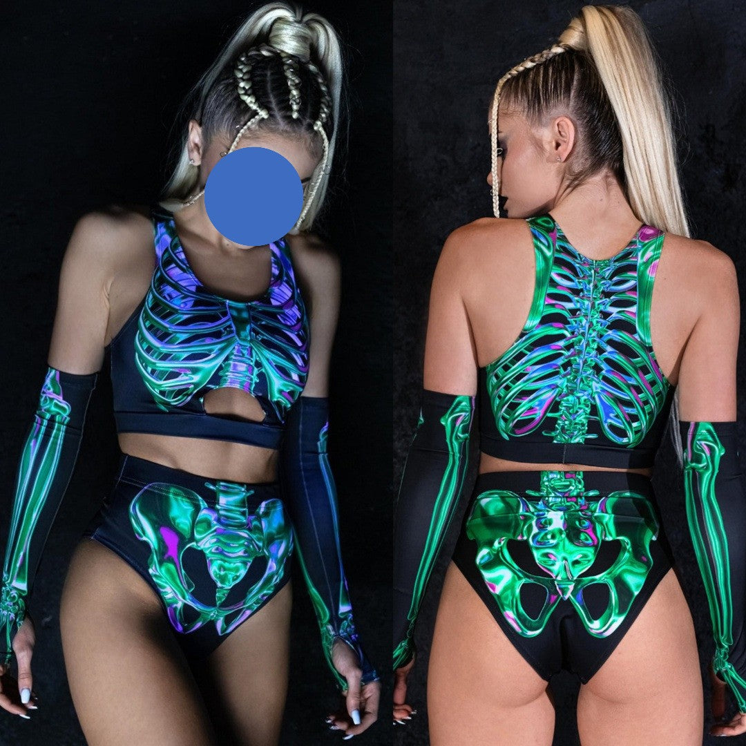 Fluorescent Blue Skull Style Digital Printing Cosplay Tights Cover
