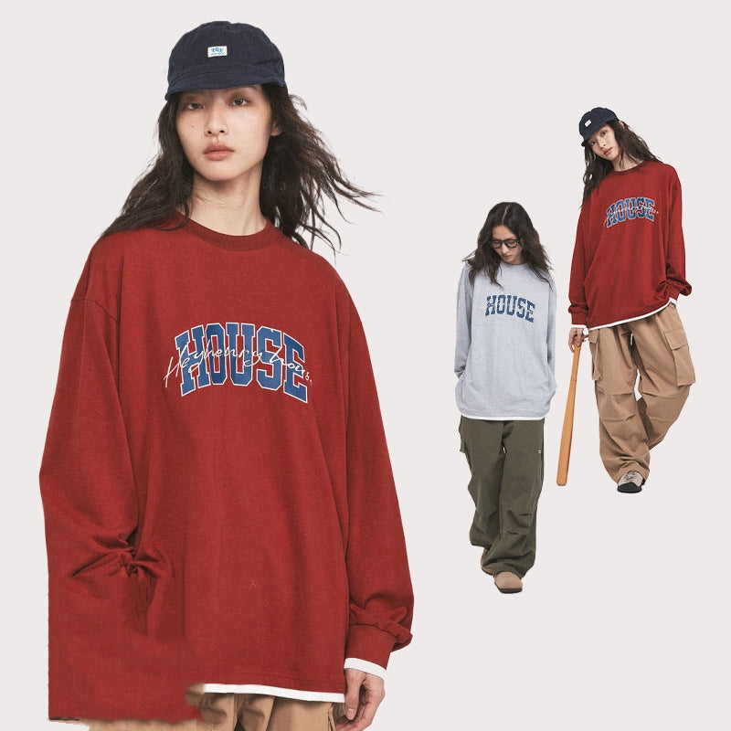 Casual Fake Two-Piece Letter Print Long Sleeve Tee