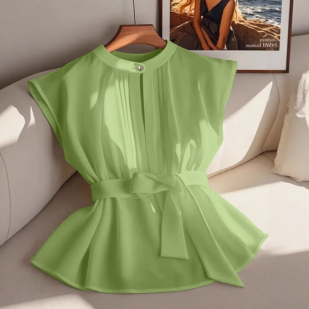 Classic Elegant Solid Color Sleeveless Belted Pleated Shirt
