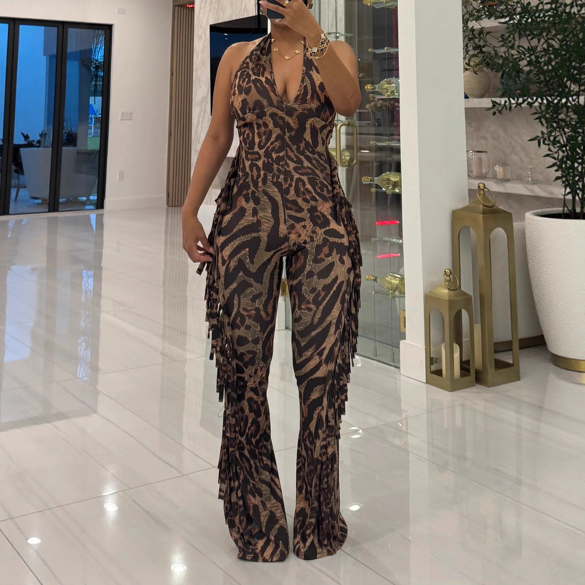 Backless Fringed Halter Leopard Flared Jumpsuit