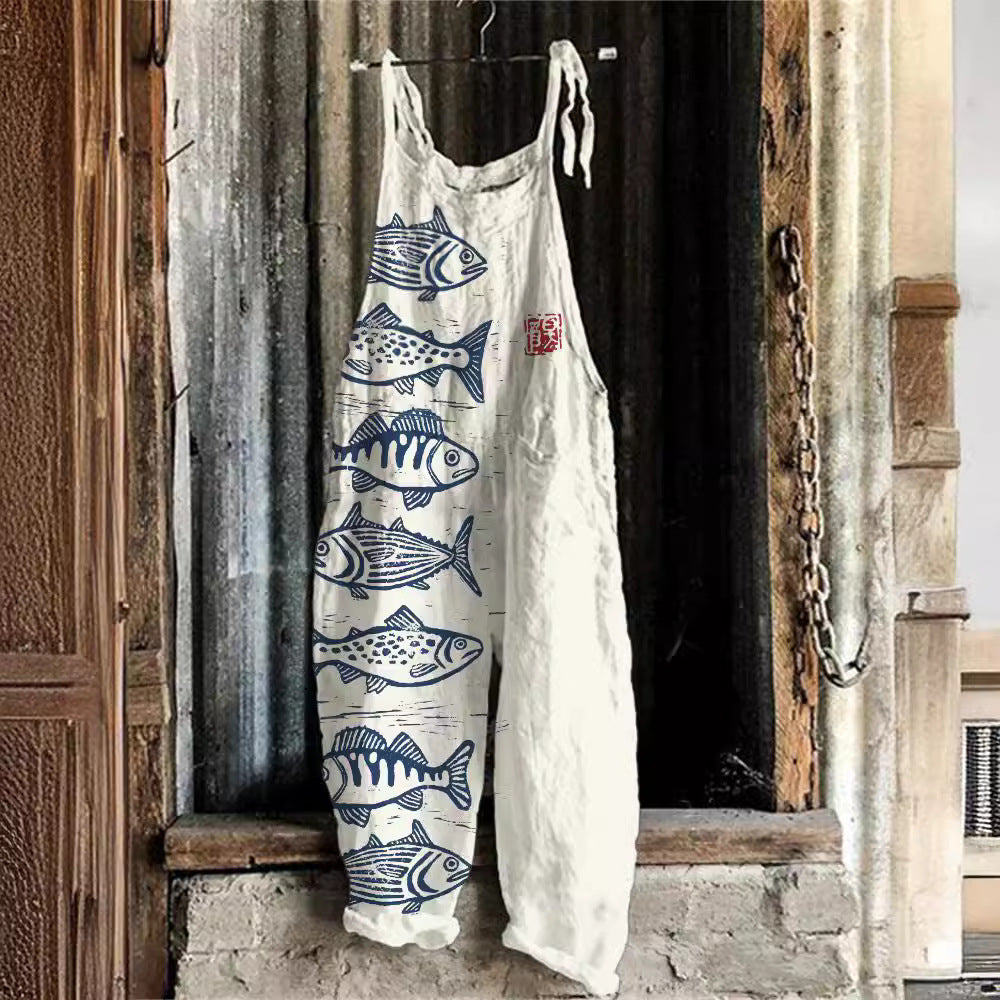Vintage Sweet Print Loose Suspender Pants for Women