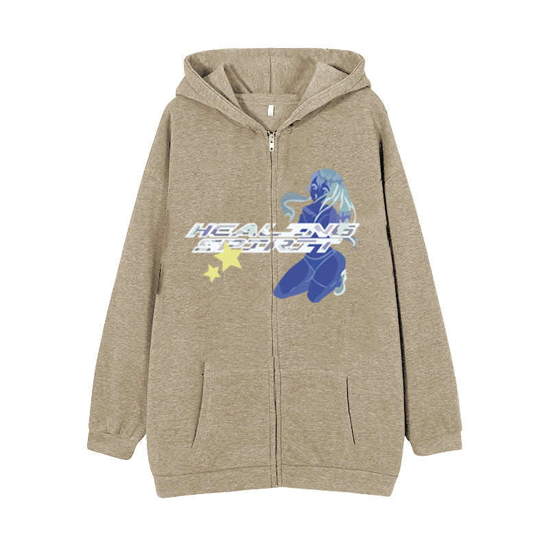 Butterfly Print Zip-Up Casual Hoodie