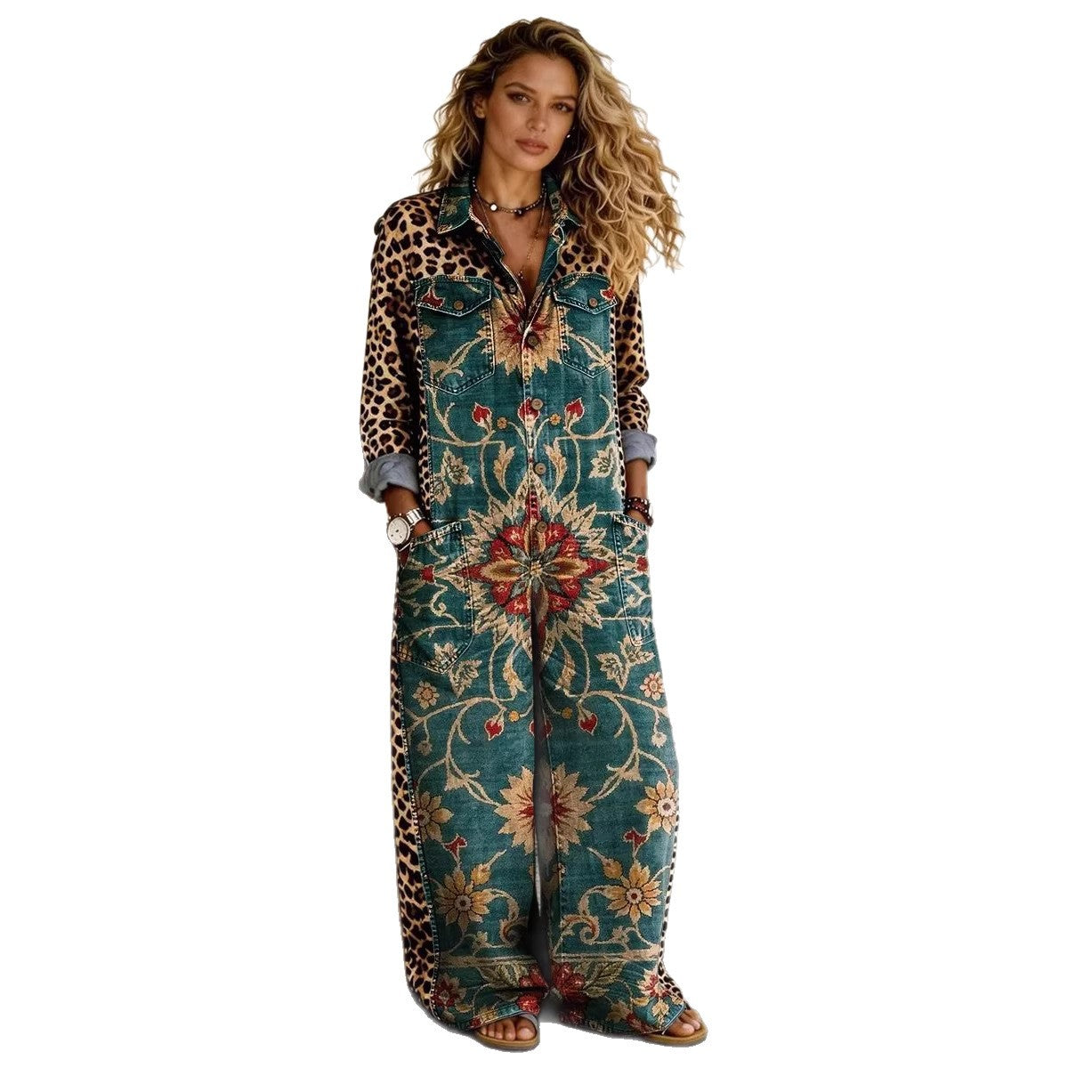 Chic Printed Long-Sleeve Lapel Jumpsuit
