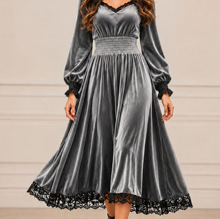 Casual Autumn Lace-patchwork Velvet Evening Dress