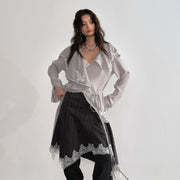 Asymmetrical Ruffled-neck Striped Long Blouse