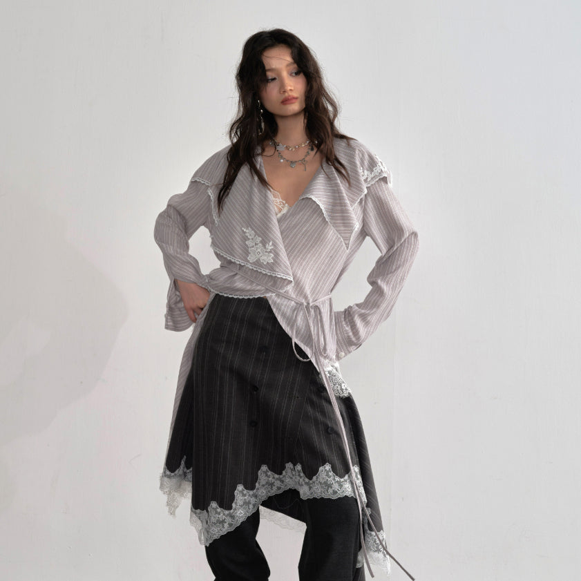 Asymmetrical Ruffled-neck Striped Long Blouse