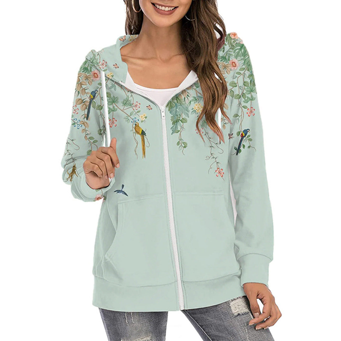 Women's Gradient Floral Print Zipper Commuter Hoodie
