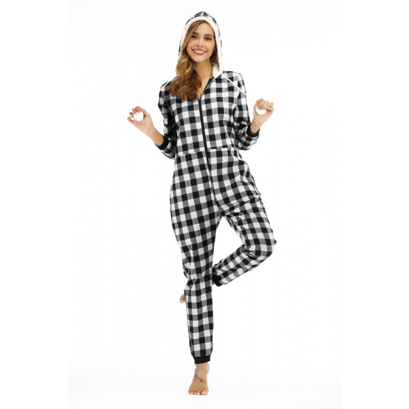 Women's Plaid Hooded Cotton Jumpsuit Casual Romper