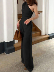 Fashionable Off-Shoulder Defined Waist Elegant Wide-Leg Comfortable Jumpsuit