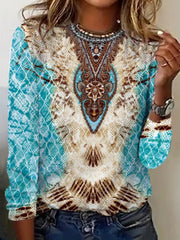 Gradient Floral Print Long Sleeve Round Neck Top