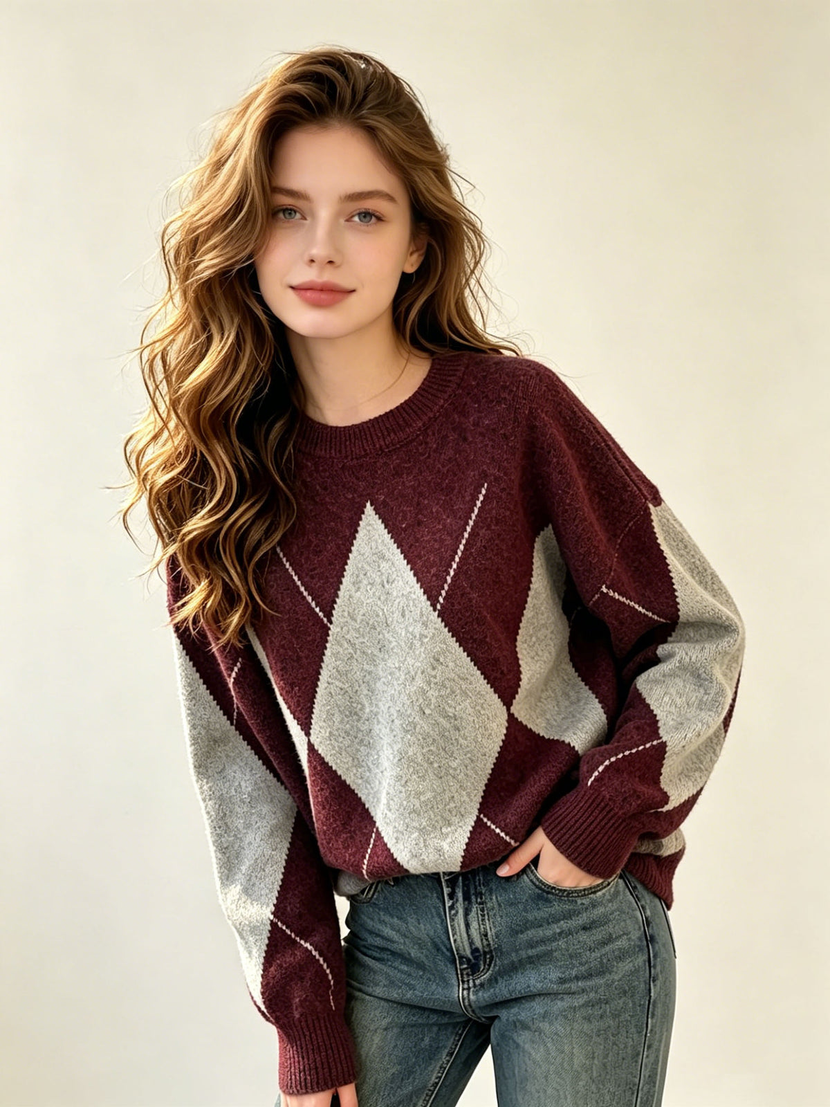 Fallwinter Color-block Diamond-pattern Jacquard Crew-neck Sweater