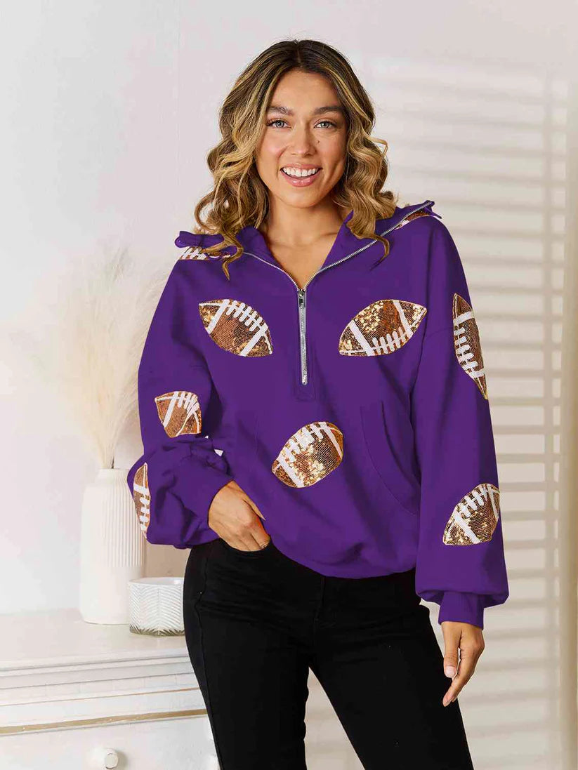 Rugby Sequined Hooded Sweater Zipper Drawstring Long Sleeve Coat Top