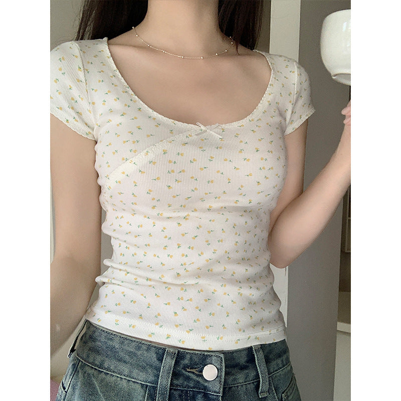 Floral Bow Short-Sleeve Scoop Neck Tee