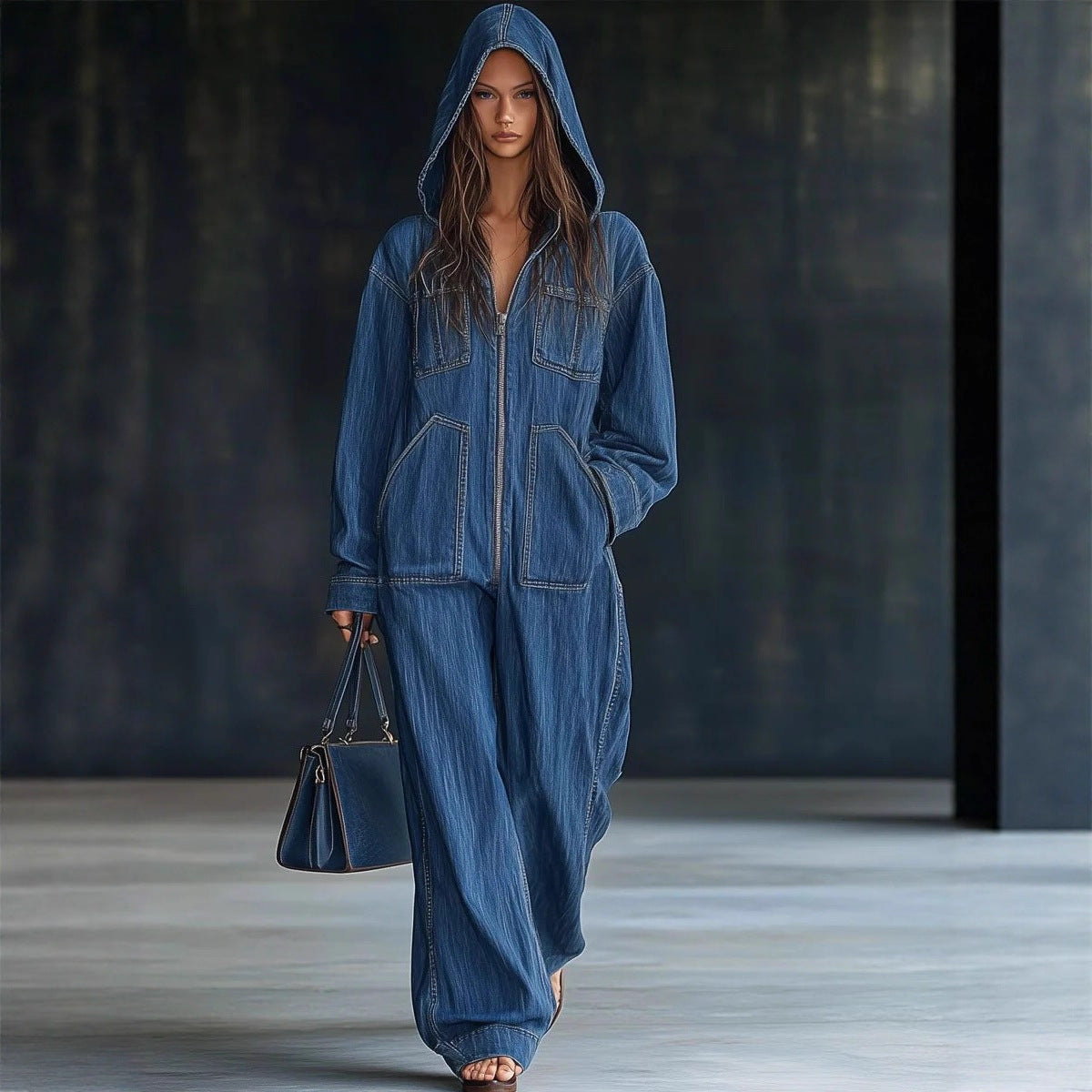 Women's Hooded Denim Overalls Casual Jumpsuit