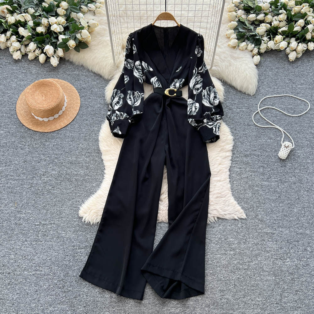 Elegant Floral Patchwork Long-Sleeve Jumpsuit