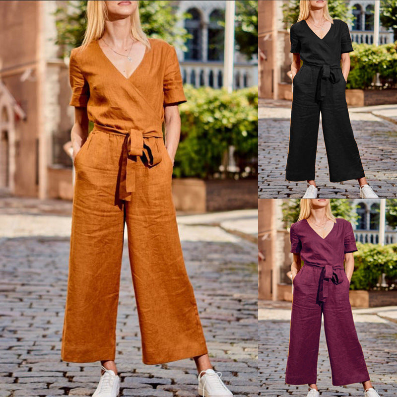 Color-Block Casual Loose-Fit Wide-Leg Jumpsuit