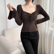 Slim Fit Coffee Brown Long‑Sleeve T‑Shirt – Chic Square‑Neck
