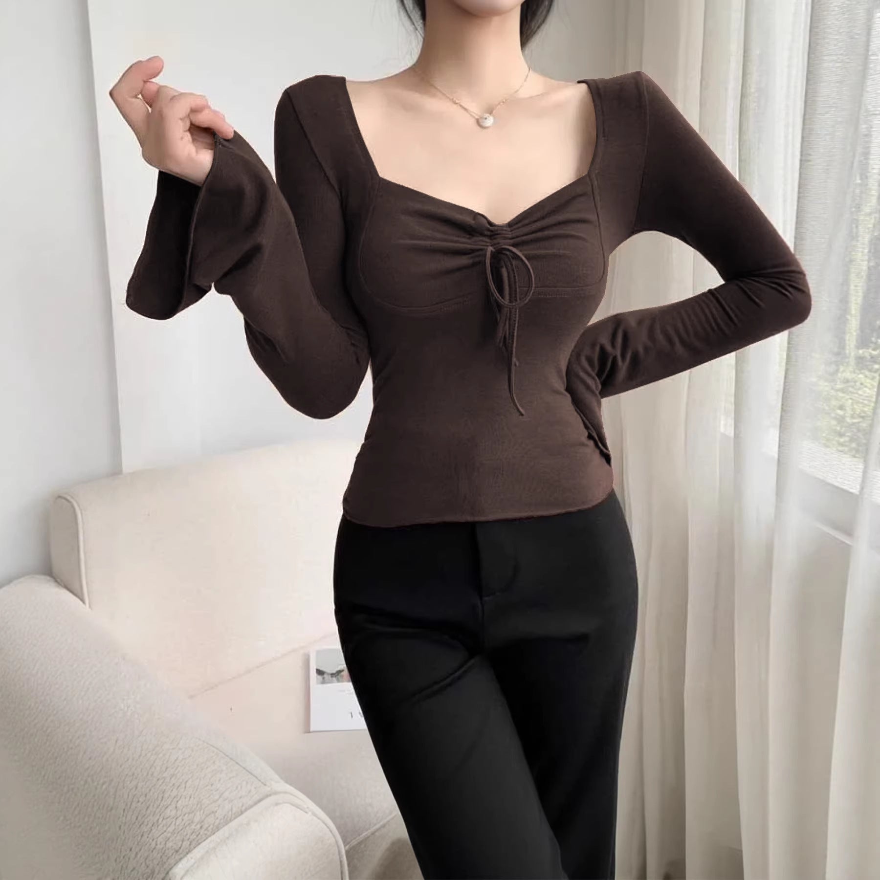 Slim Fit Coffee Brown Long‑Sleeve T‑Shirt – Chic Square‑Neck