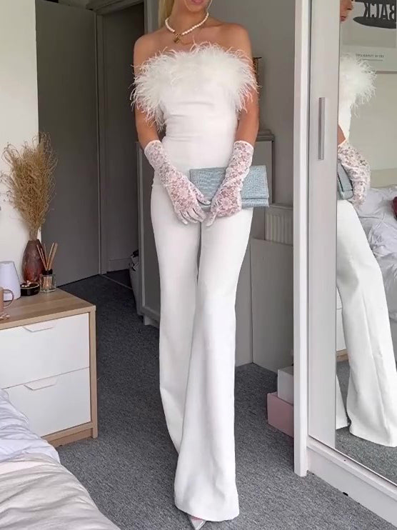 Elegant White Off-Shoulder Feather Jumpsuit