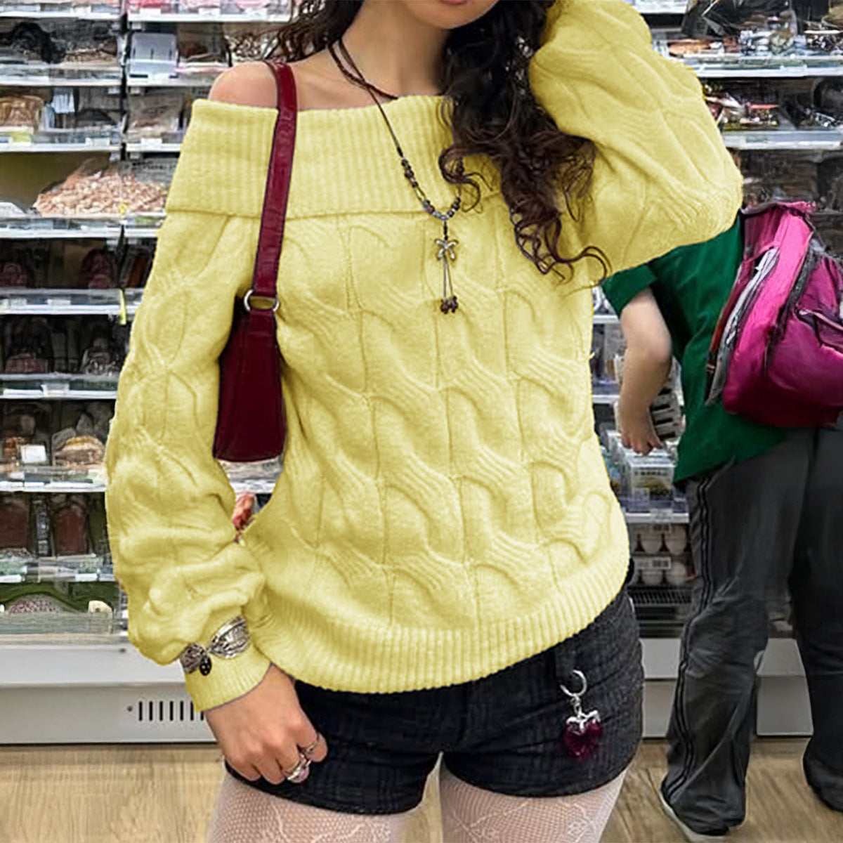 Simple Fashion Shoulder-baring Sweater Woolen for Women