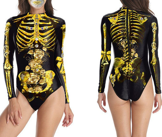 Women's Long-sleeved 3d Digital Printing Skull Skeleton One-piece Swimsuit