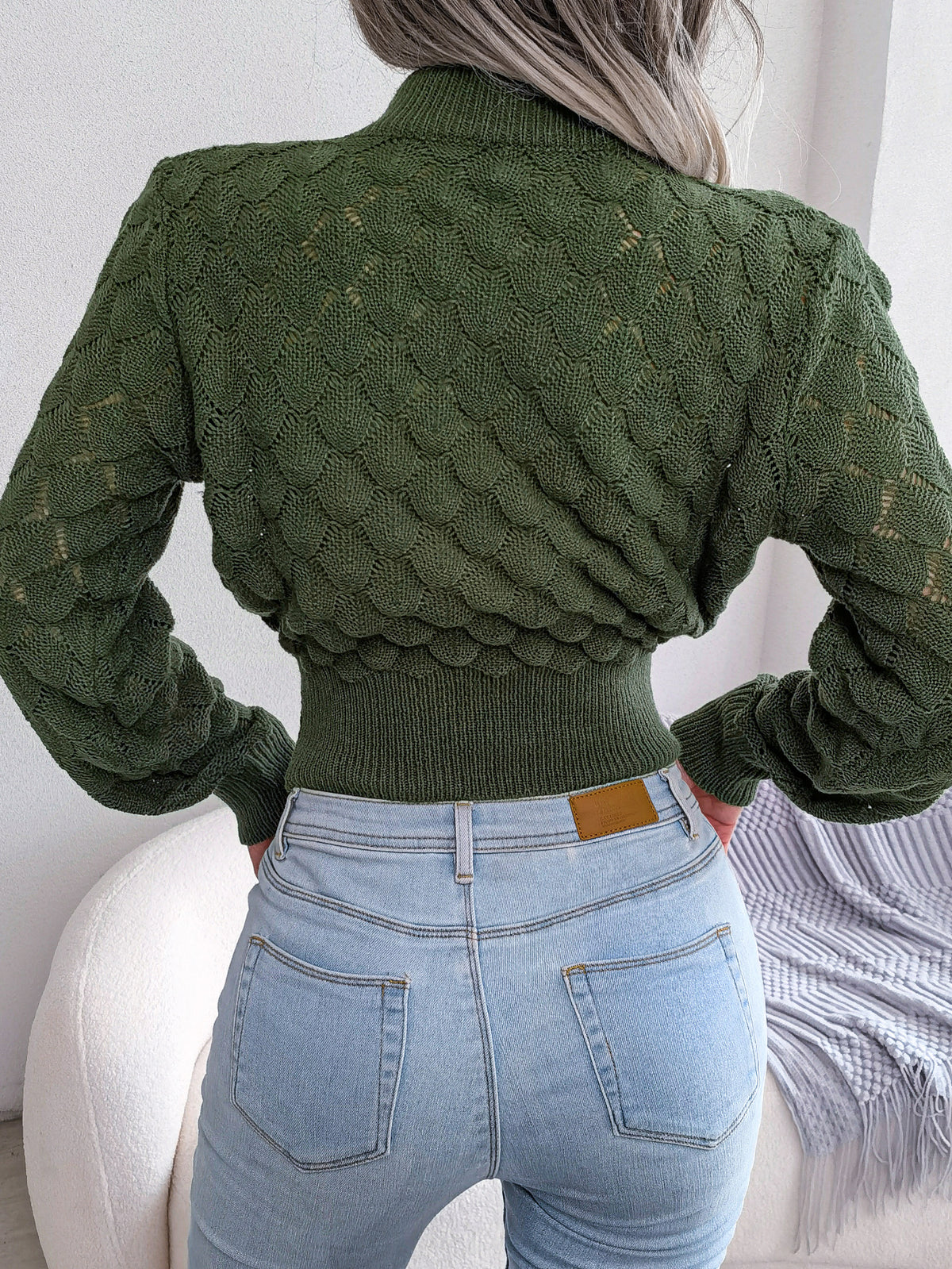 Women 3d Diamond Knit Long Sleeve Cropped Sweater
