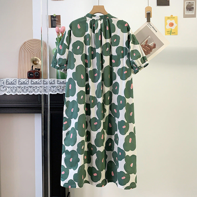 Long-length Loose-fitting Short-sleeved Dress with Floral Print