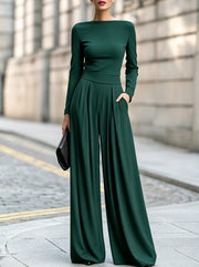 Women's Long-Sleeve Wide-Leg Casual Jumpsuit