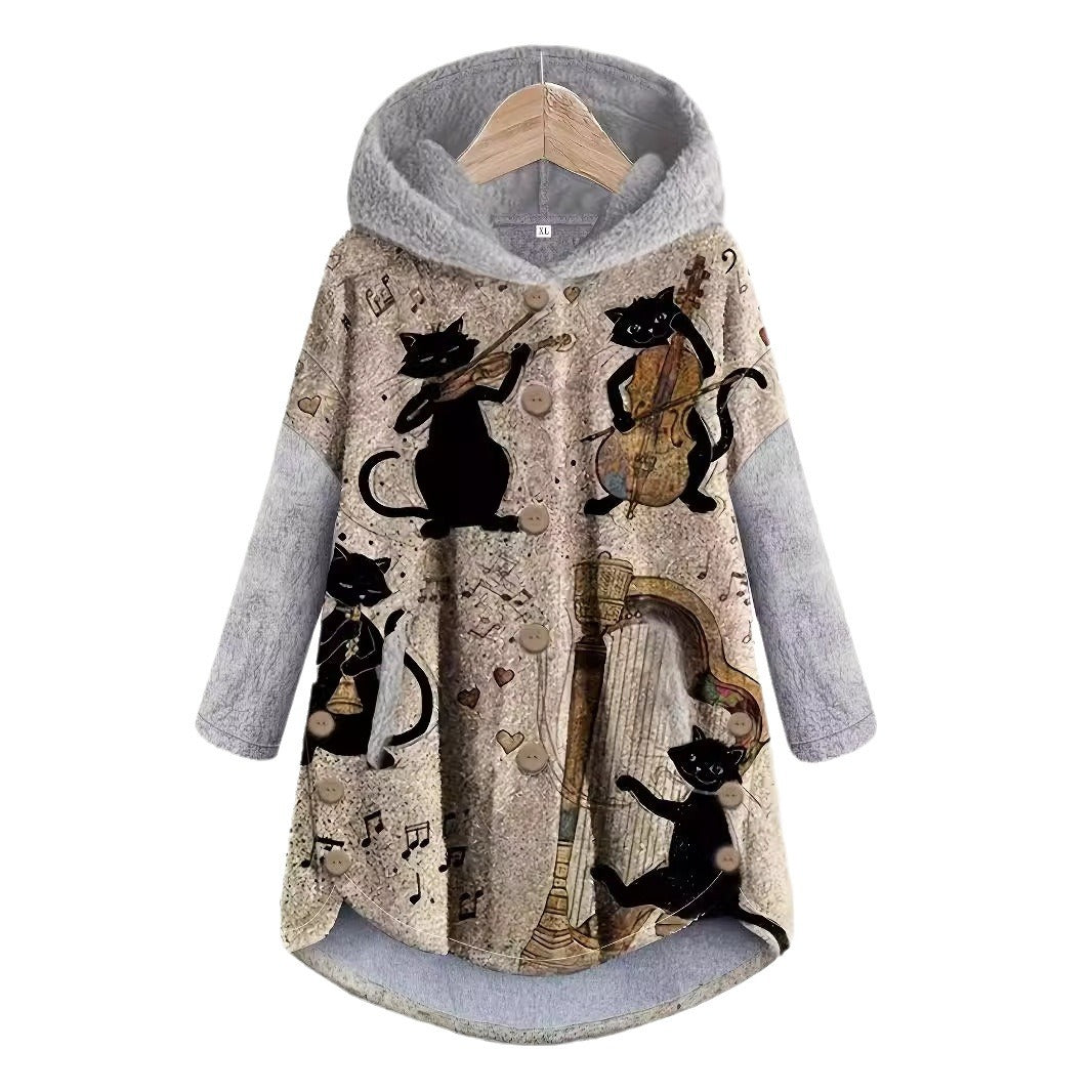 Plush Hooded Printed Casual Women's Sweater