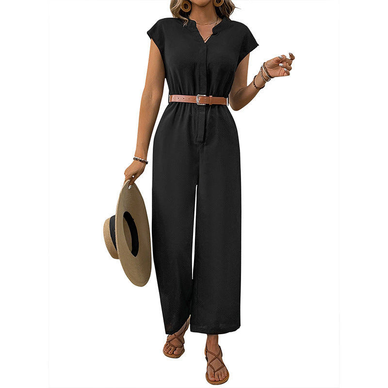 Casual Chic Waist-Cinched Short-Sleeve V-Neck Straight-Jump Suit For Women